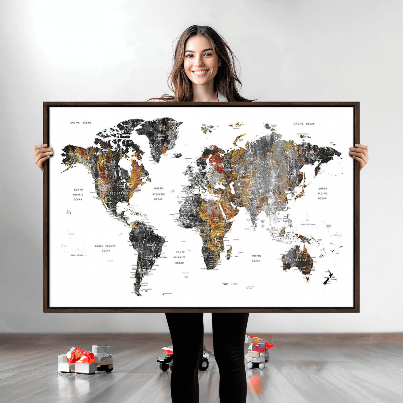 Push Pin World Map Canvas Print – Framed Wall Art for Couples to Track Their Travels – Anniversary Gift or Home Adventure Decor