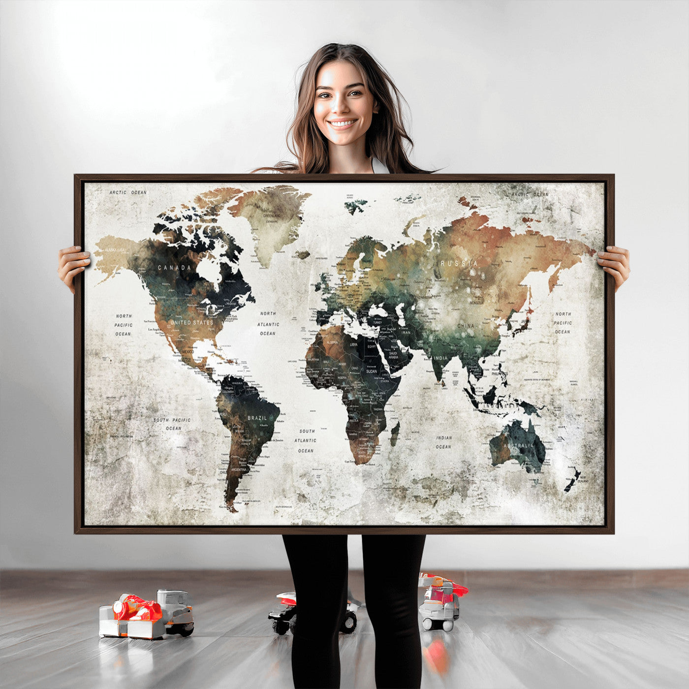 Push Pin World Map Canvas Print – Framed Wall Art for Couples to Track Their Travels – Anniversary Gift or Home Adventure Decor