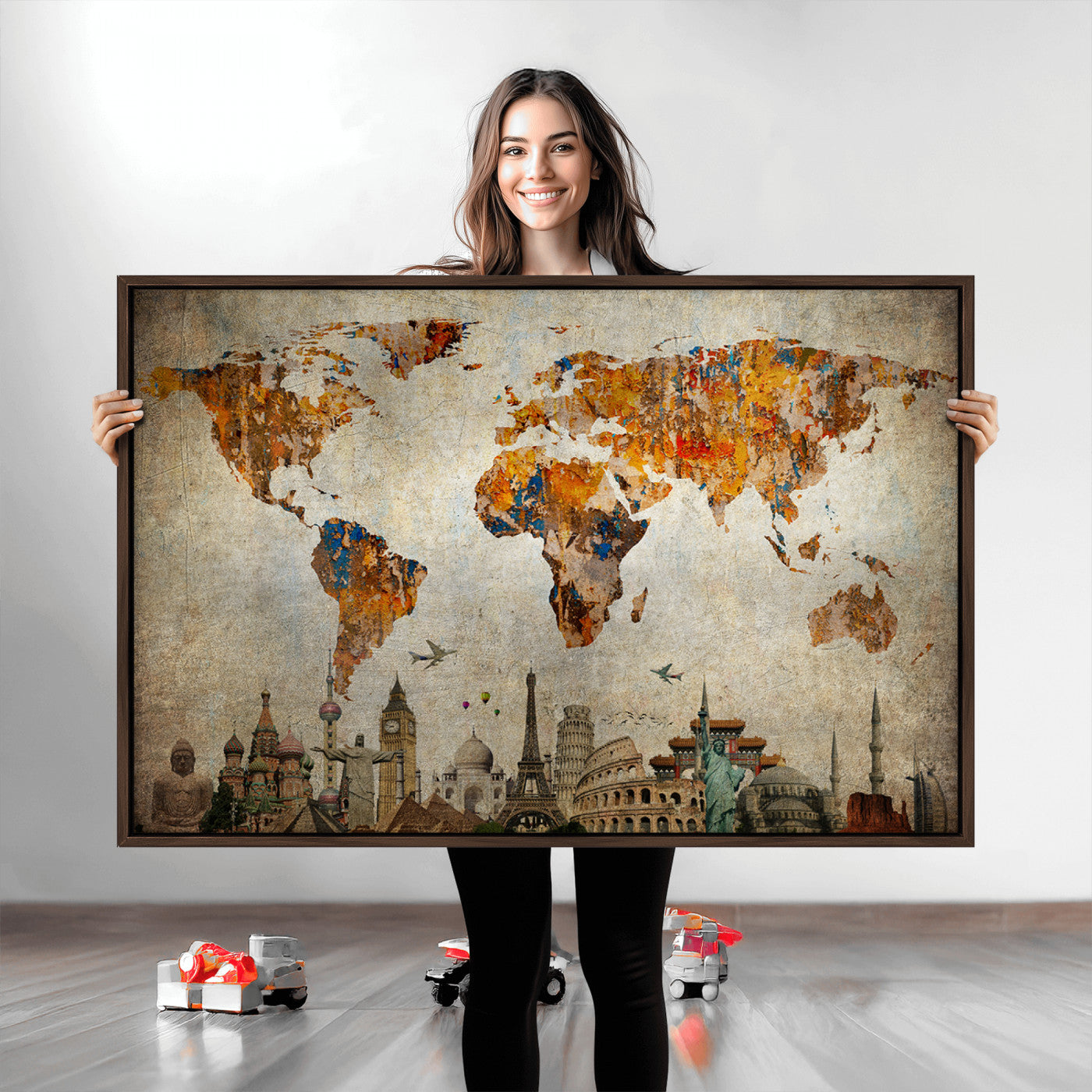 Push Pin World Map Canvas Print – Framed Wall Art for Couples to Track Their Travels – Anniversary Gift or Home Adventure Decor