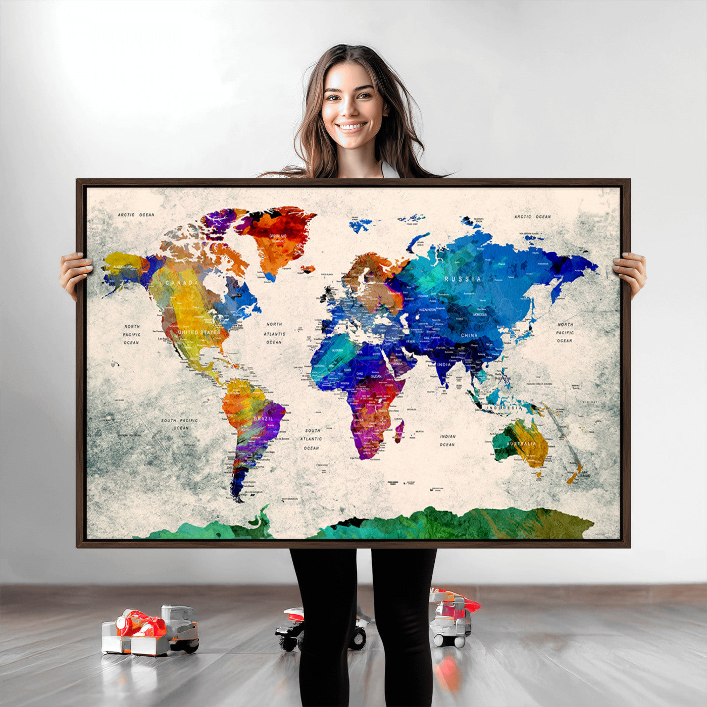 Push Pin World Map Canvas Print – Framed Wall Art for Couples to Track Their Travels – Anniversary Gift or Home Adventure Decor