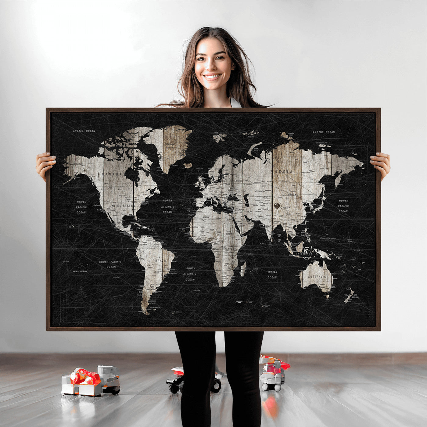 Push Pin World Map Canvas Print – Framed Wall Art for Couples to Track Their Travels – Anniversary Gift or Home Adventure Decor