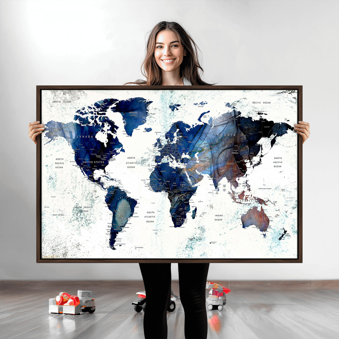 Push Pin World Map Canvas Print – Framed Wall Art for Couples to Track Their Travels – Anniversary Gift or Home Adventure Decor