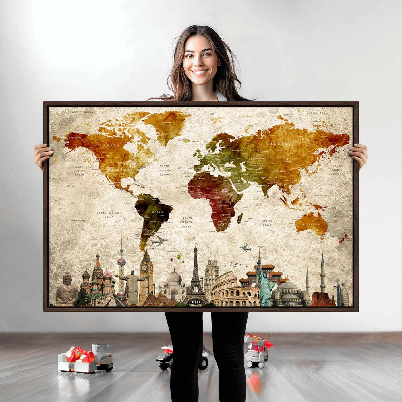 Push Pin World Map Canvas Print – Framed Wall Art for Couples to Track Their Travels – Anniversary Gift or Home Adventure Decor