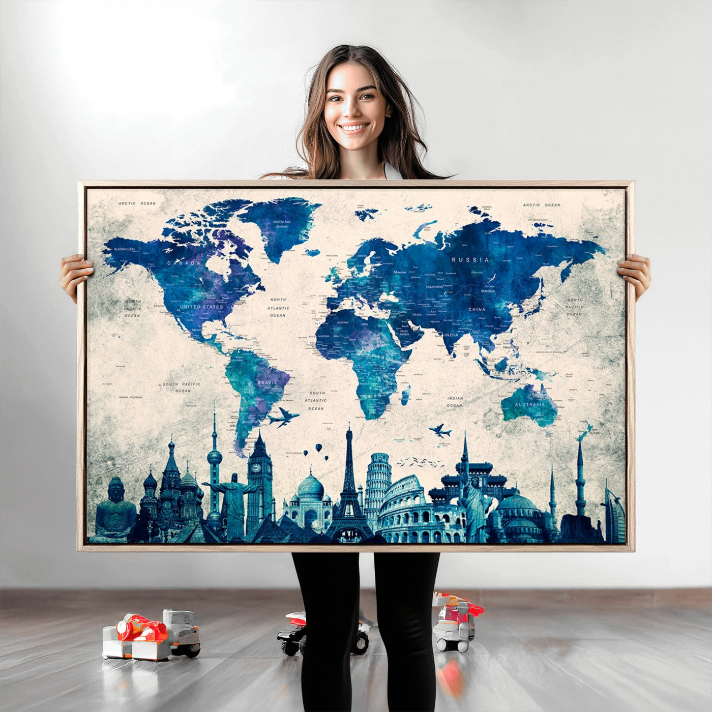 Navy Blue World Map Canvas Print, Wonder of World Map Push Pin Canvas Print