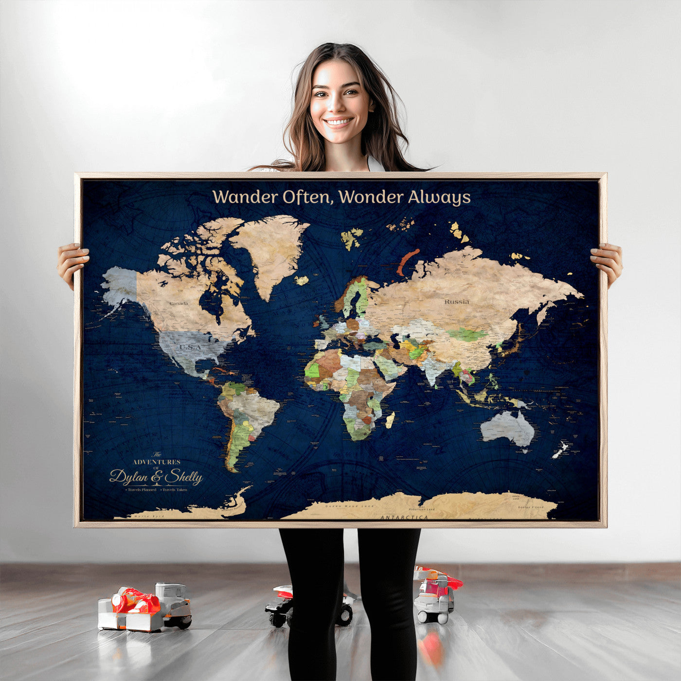 12399561-MGV-CV-30X20-Personalized World Map Print, Customizable Push Pin Framed World Map Print on Canvas - Custom Quote on Map Print