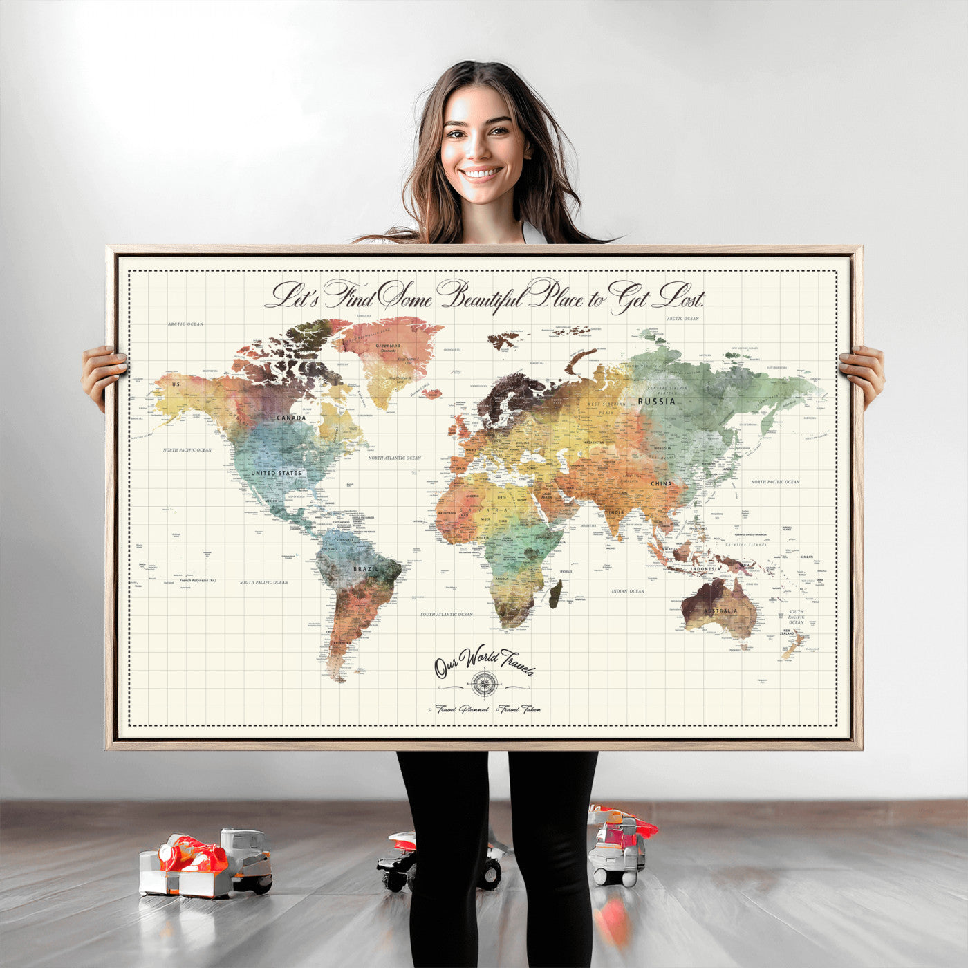29289638-MGV-CV-36X24-Personalized World Map Print - Customizable Push Pin Framed World Map Print on Canvas - Custom Quote on Map Print