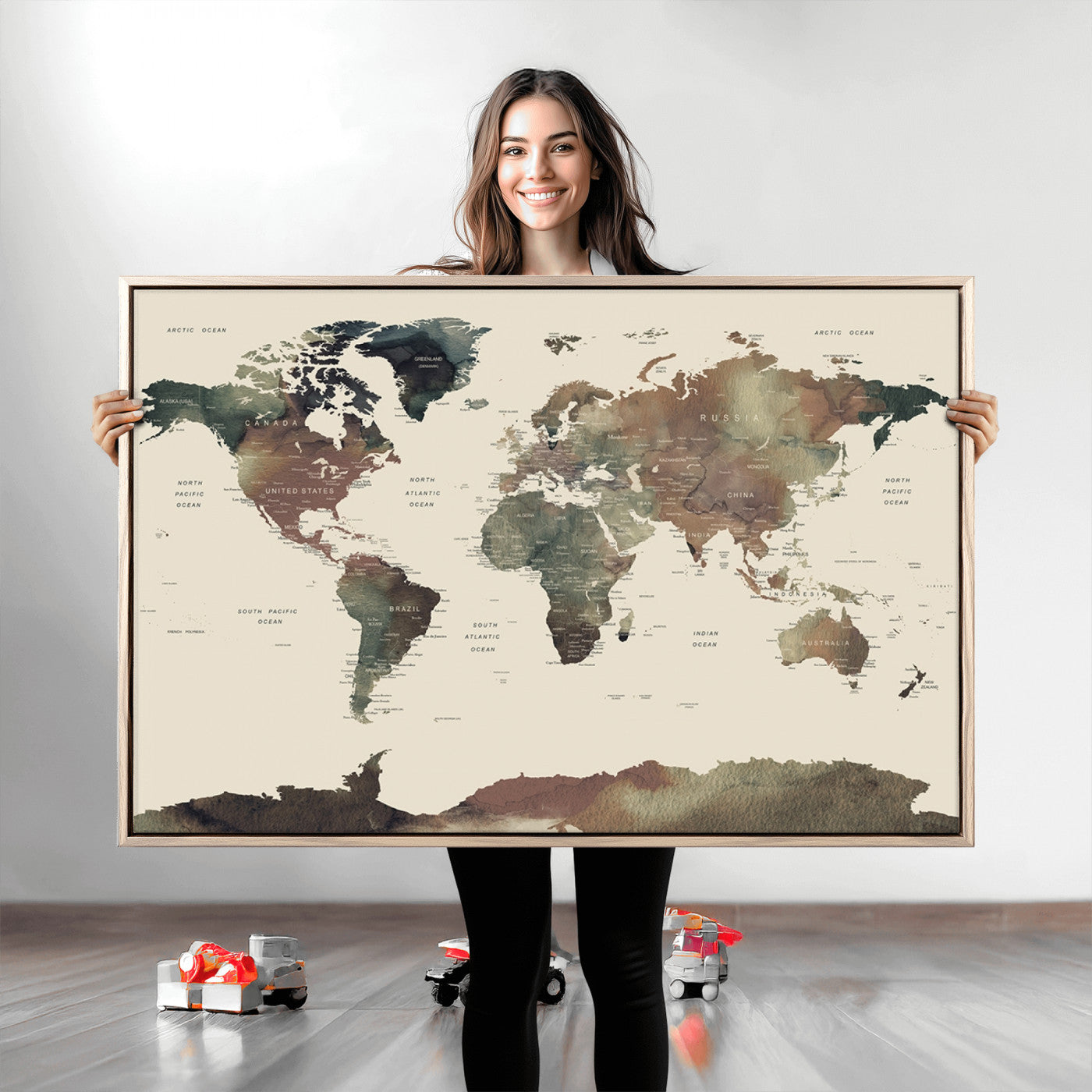 Push Pin World Map Canvas Print – Framed Wall Art for Couples to Track Their Travels – Anniversary Gift or Home Adventure Decor