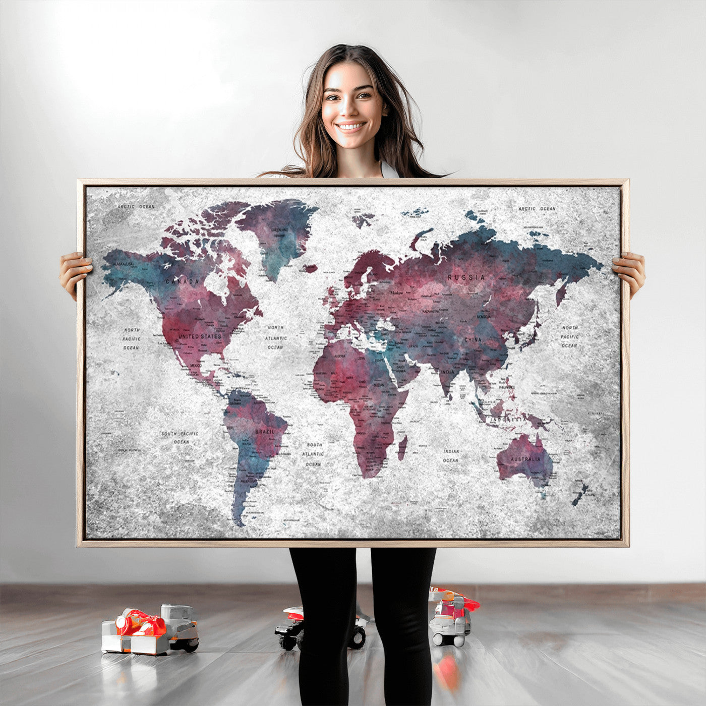 Push Pin World Map Canvas Print – Framed Wall Art for Couples to Track Their Travels – Anniversary Gift or Home Adventure Decor
