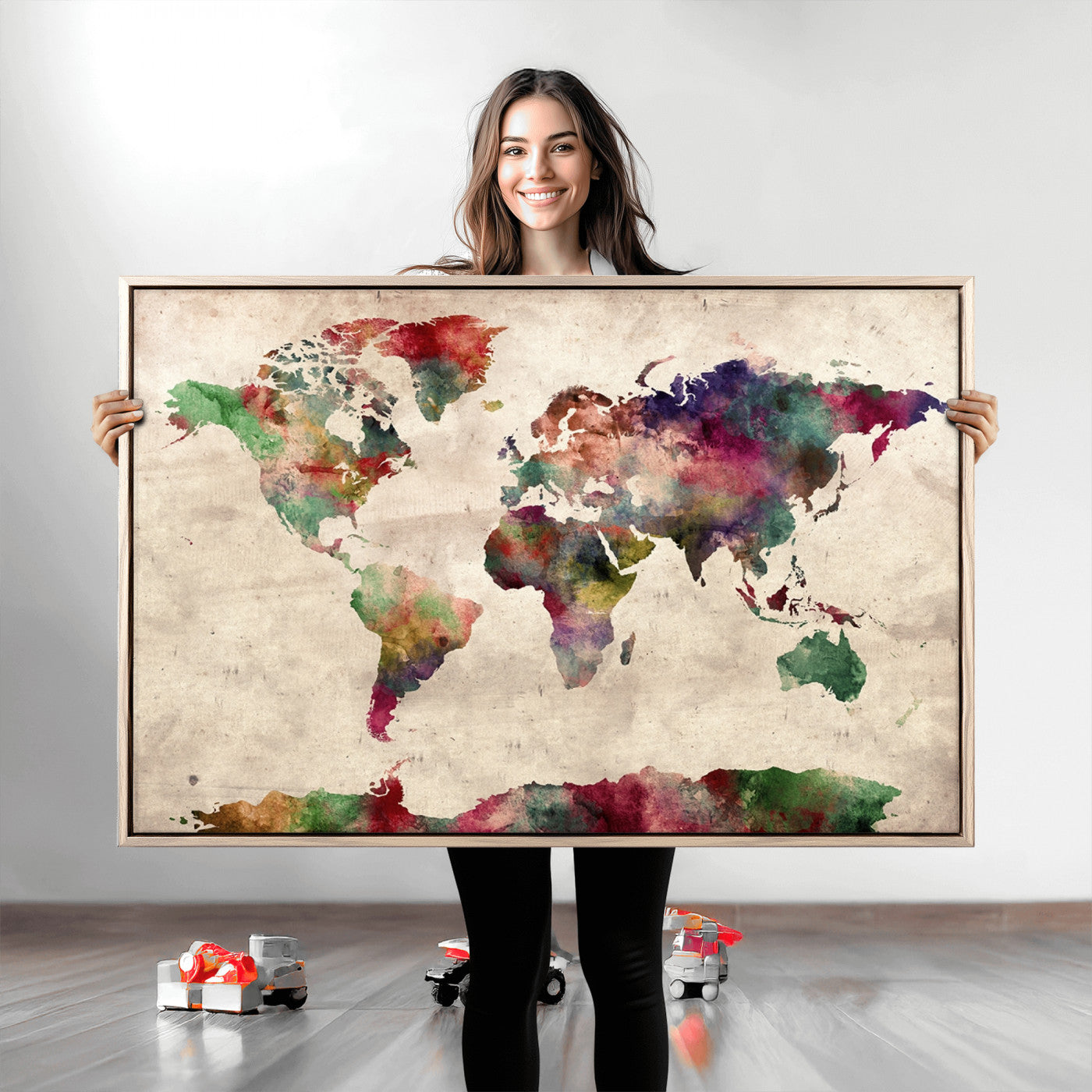Push Pin World Map Canvas Print – Framed Wall Art for Couples to Track Their Travels – Anniversary Gift or Home Adventure Decor