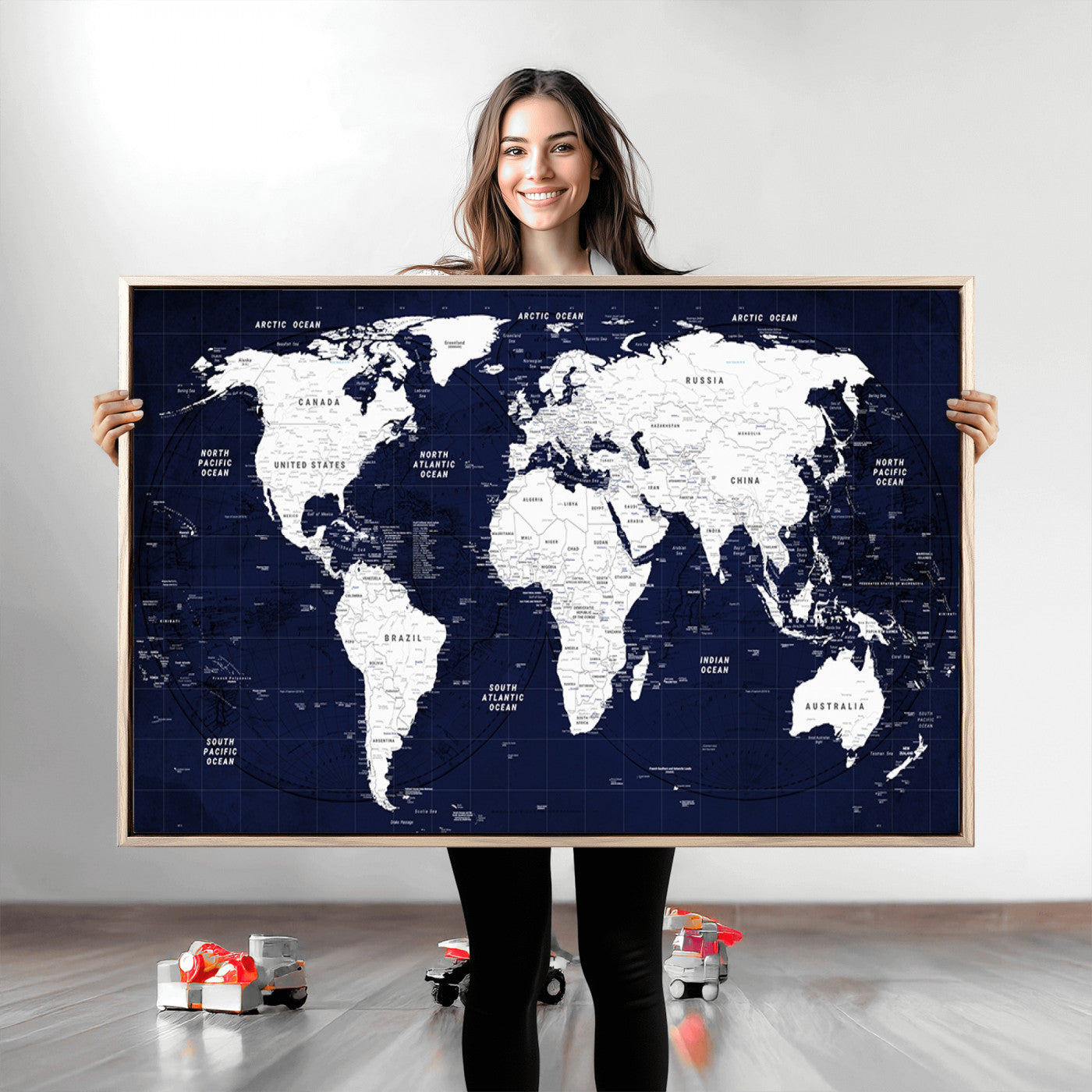 Push Pin World Map Canvas Print – Framed Wall Art for Couples to Track Their Travels – Anniversary Gift or Home Adventure Decor
