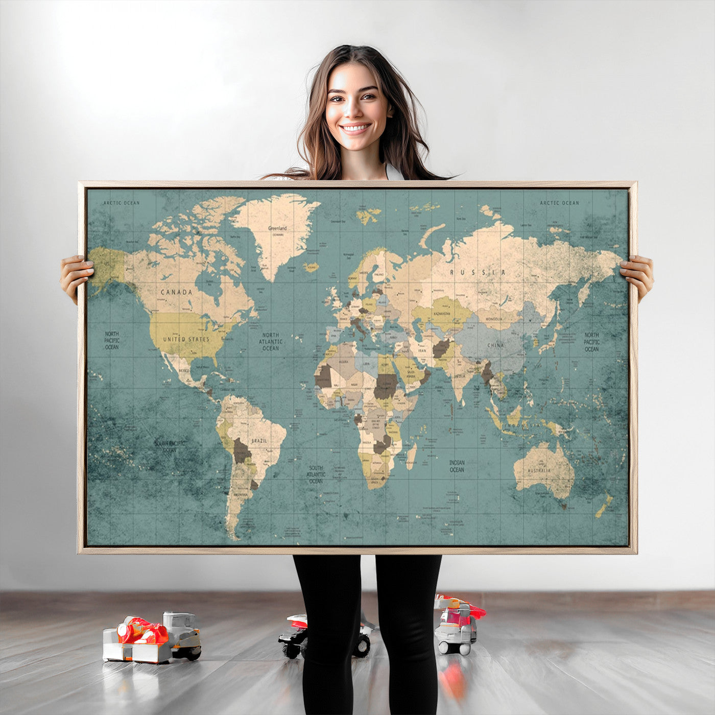 Classic World Map Wall Art Canvas Print, Framed Retro Map Art Picture Print, Vintage Atlas Perfect Rustic Explorer Decor Artwork