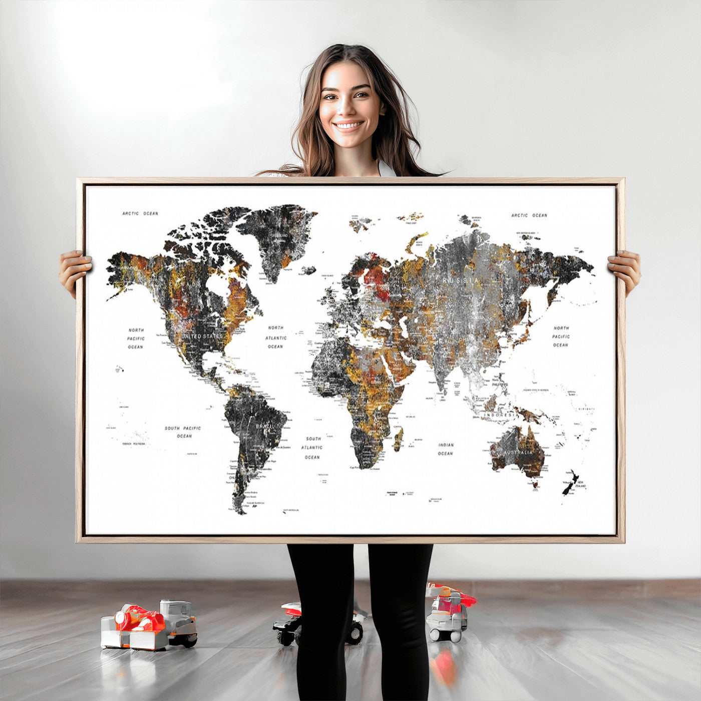 Push Pin World Map Canvas Print – Framed Wall Art for Couples to Track Their Travels – Anniversary Gift or Home Adventure Decor