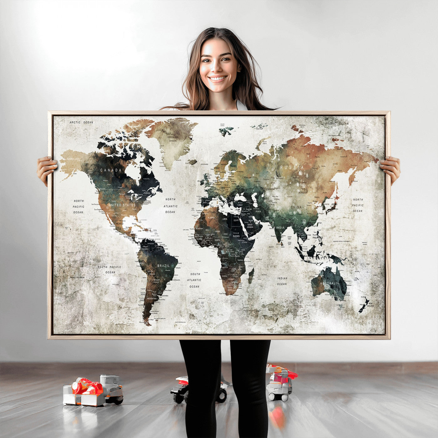 Push Pin World Map Canvas Print – Framed Wall Art for Couples to Track Their Travels – Anniversary Gift or Home Adventure Decor