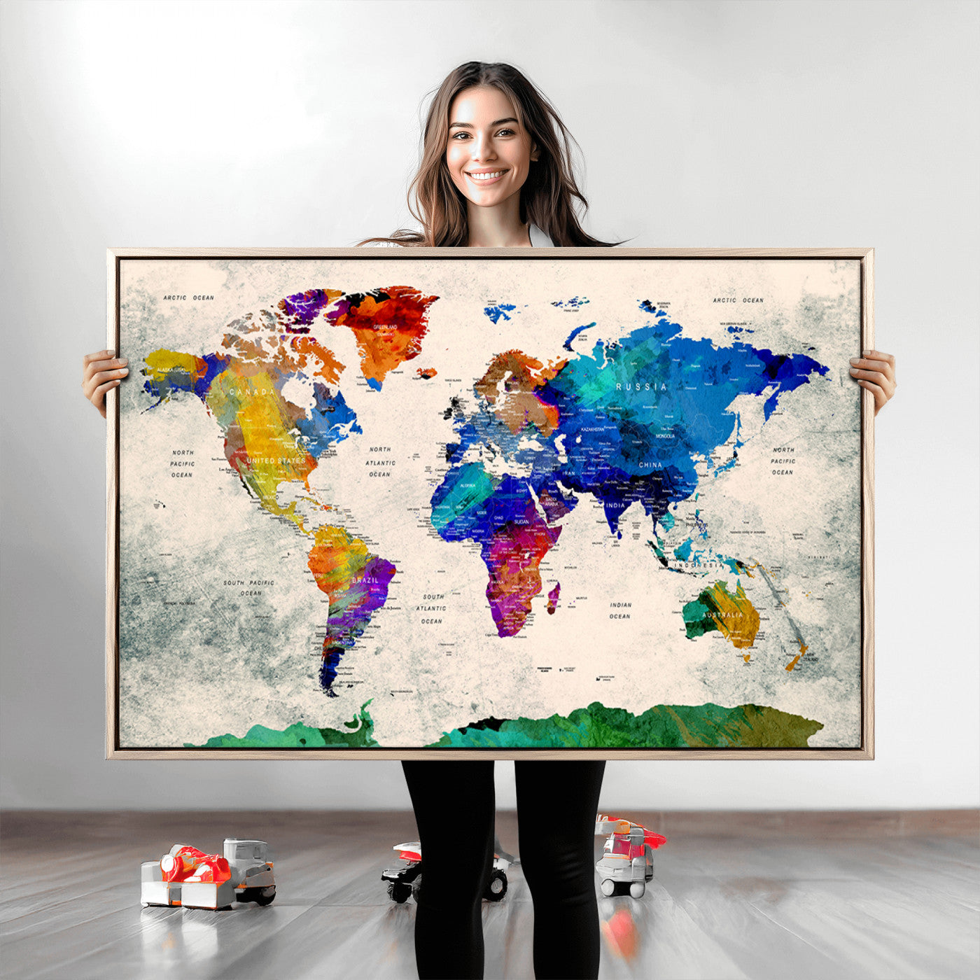 Push Pin World Map Canvas Print – Framed Wall Art for Couples to Track Their Travels – Anniversary Gift or Home Adventure Decor
