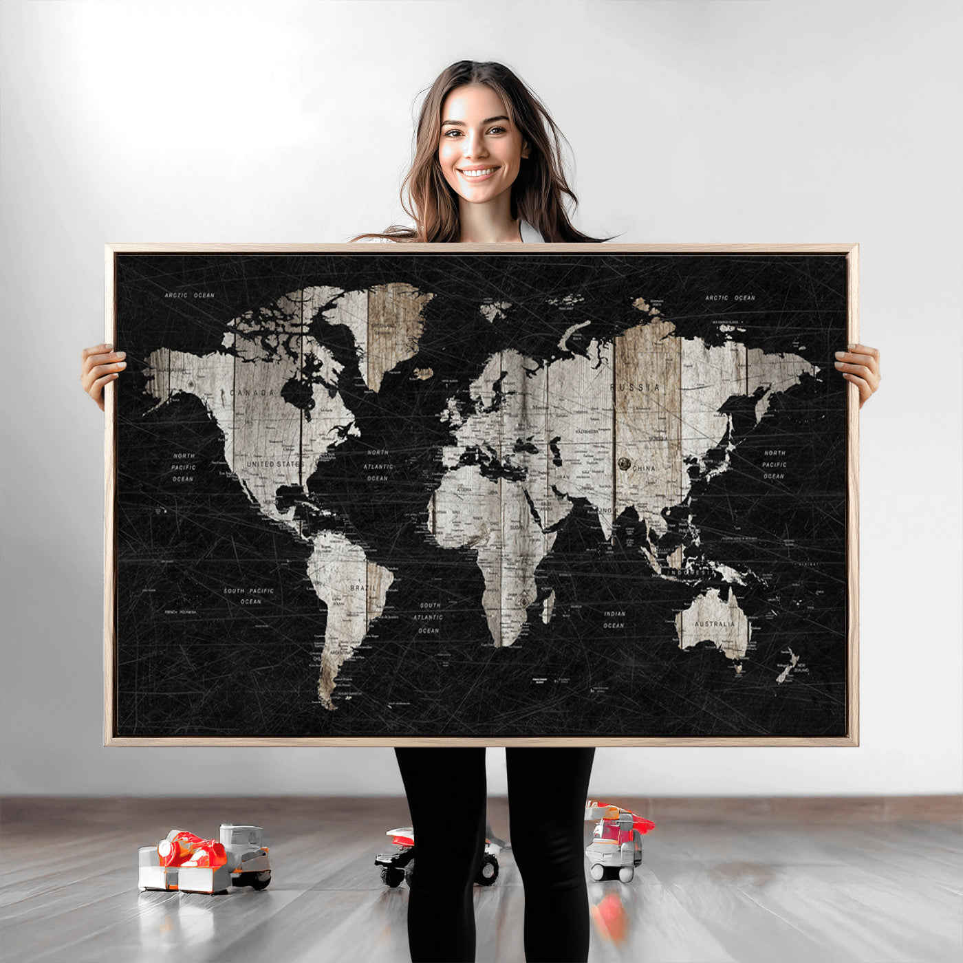Push Pin World Map Canvas Print – Framed Wall Art for Couples to Track Their Travels – Anniversary Gift or Home Adventure Decor