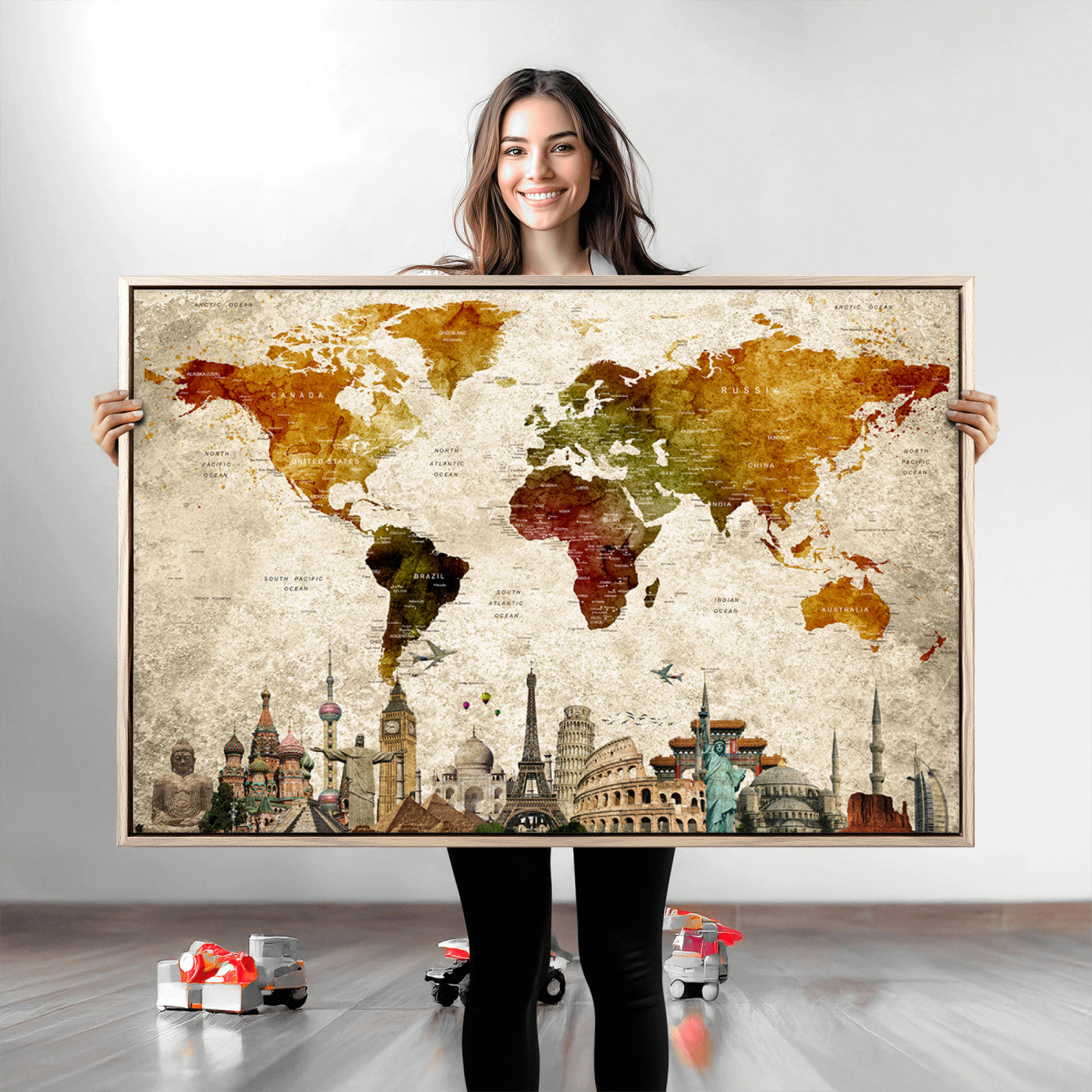 Push Pin World Map Canvas Print – Framed Wall Art for Couples to Track Their Travels – Anniversary Gift or Home Adventure Decor