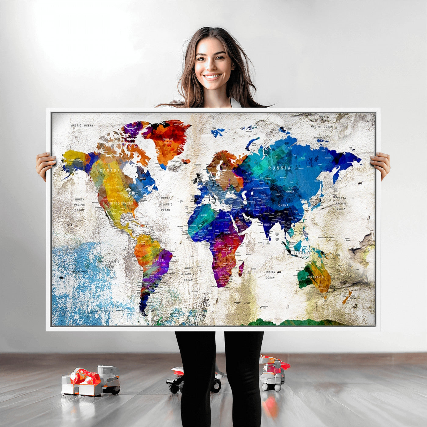 Push Pin World Map Canvas Print – Framed Wall Art for Couples to Track Their Travels – Anniversary Gift or Home Adventure Decor