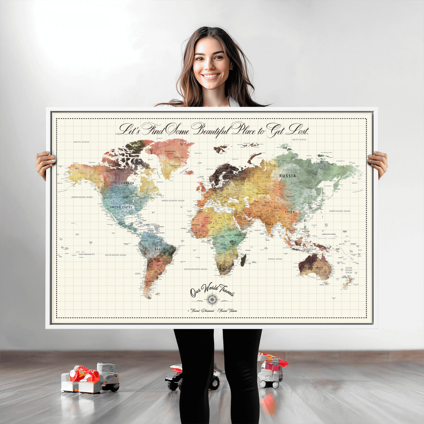 29289638-MGV-CV-36X24-Personalized World Map Print - Customizable Push Pin Framed World Map Print on Canvas - Custom Quote on Map Print