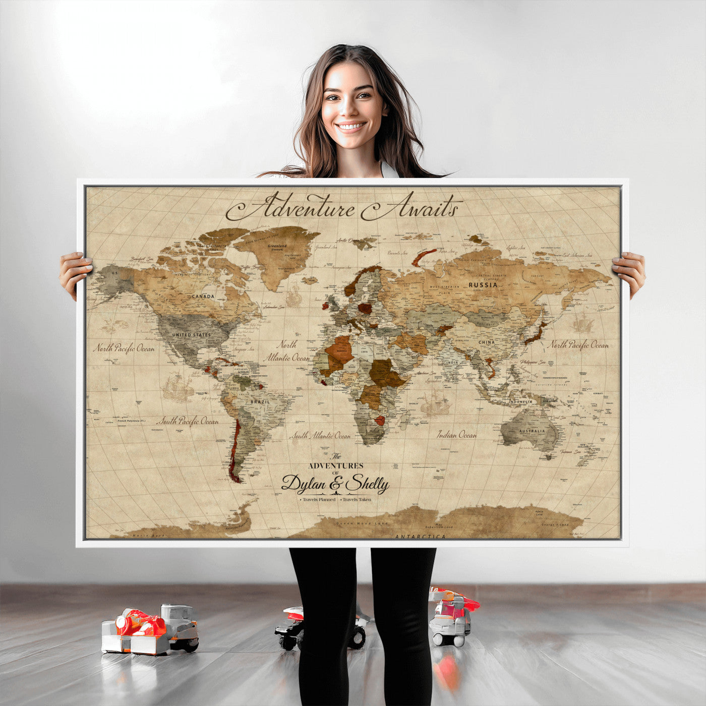 29054239-MGV-CV-36X24-Personalized World Map Print - Customizable Push Pin Framed World Map Print on Canvas - Custom Quote on Map Print