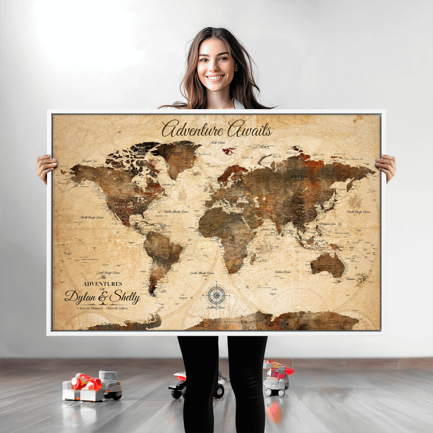 66357947-MGV-CV-36X24-Personalized World Map Print, Customizable Push Pin Framed World Map Print on Canvas - Custom Quote on Map Print