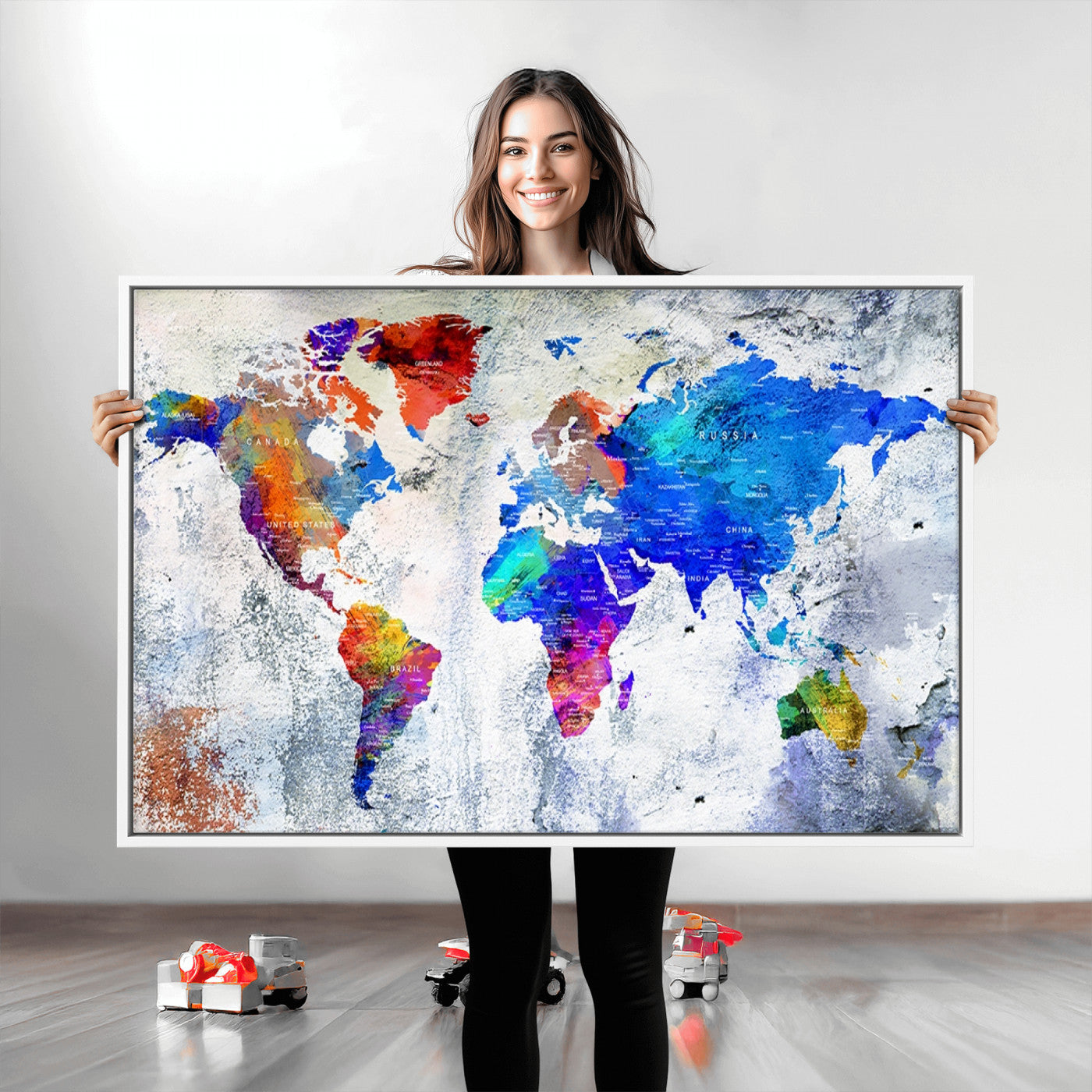 Push Pin World Map Canvas Print – Framed Wall Art for Couples to Track Their Travels – Anniversary Gift or Home Adventure Decor