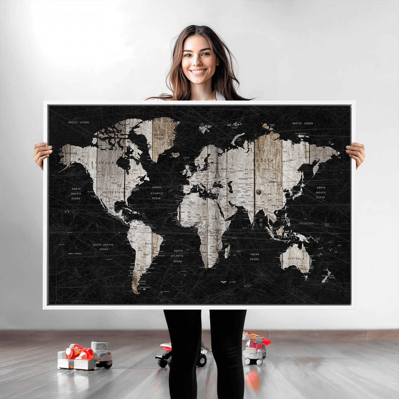 89998-MGV-CV-36X24-Push Pin World Map Canvas Print – Framed Wall Art for Couples to Track Their Travels – Anniversary Gift or Home Adventure Decor