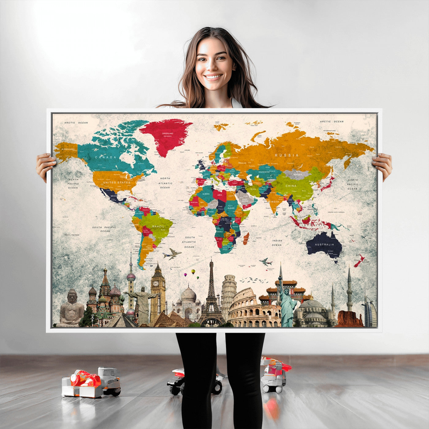 Push Pin World Map Canvas Print – Framed Wall Art for Couples to Track Their Travels – Anniversary Gift or Home Adventure Decor