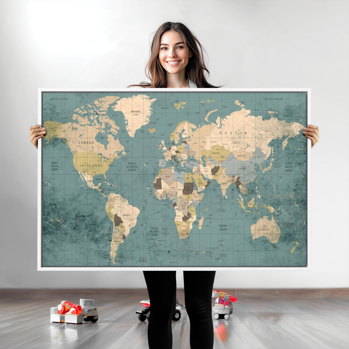 Classic World Map Wall Art Canvas Print, Framed Retro Map Art Picture Print, Vintage Atlas Perfect Rustic Explorer Decor Artwork