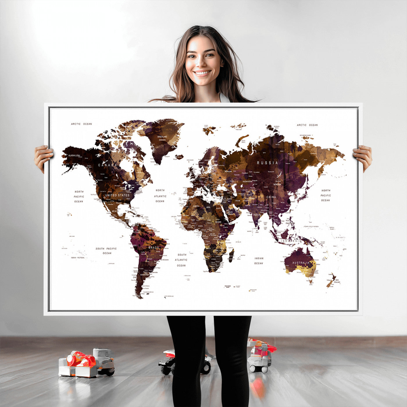 Push Pin World Map Canvas Print – Framed Wall Art for Couples to Track Their Travels – Anniversary Gift or Home Adventure Decor