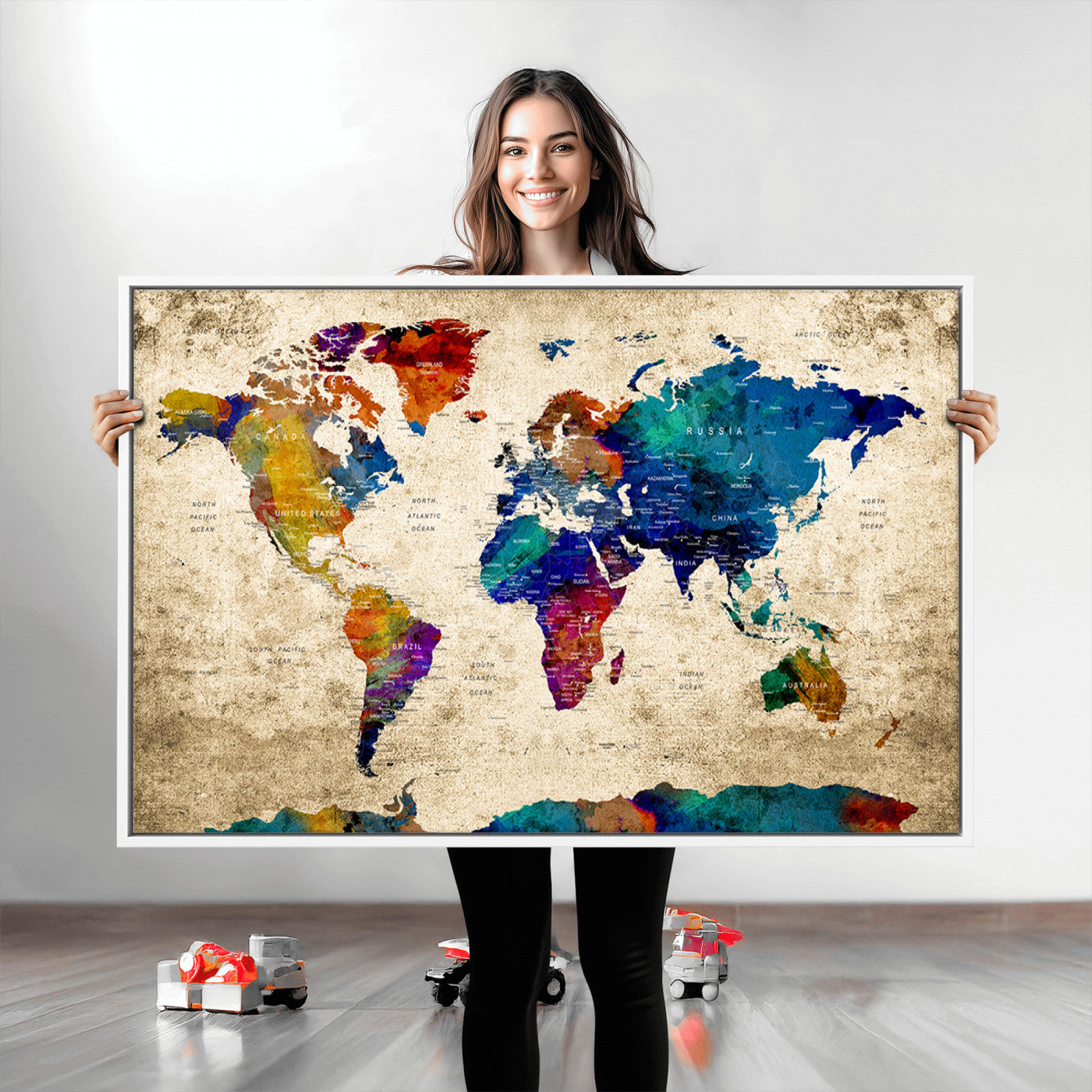 Push Pin World Map Canvas Print – Framed Wall Art for Couples to Track Their Travels – Anniversary Gift or Home Adventure Decor