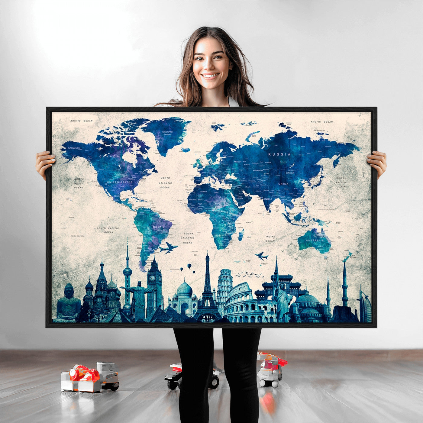 Navy Blue World Map Canvas Print, Wonder of World Map Push Pin Canvas Print