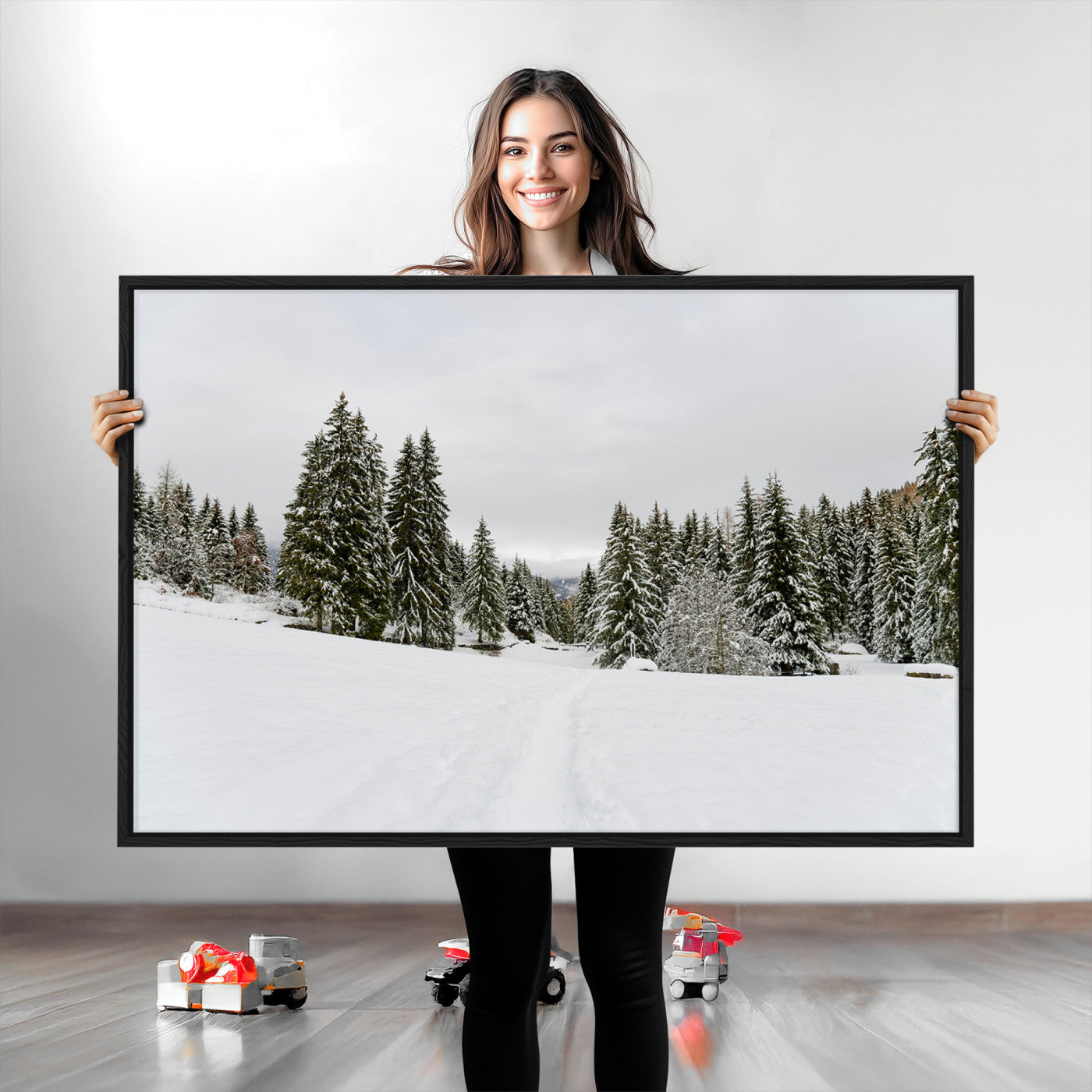 Frosty Pines Wall Art Canvas Print, Silent Snowfall Print, Framed Cozy Cabin Vibes Art Print, Large Rustic Woodland Escape Printing Perfect for Nordic Minimalist Decor