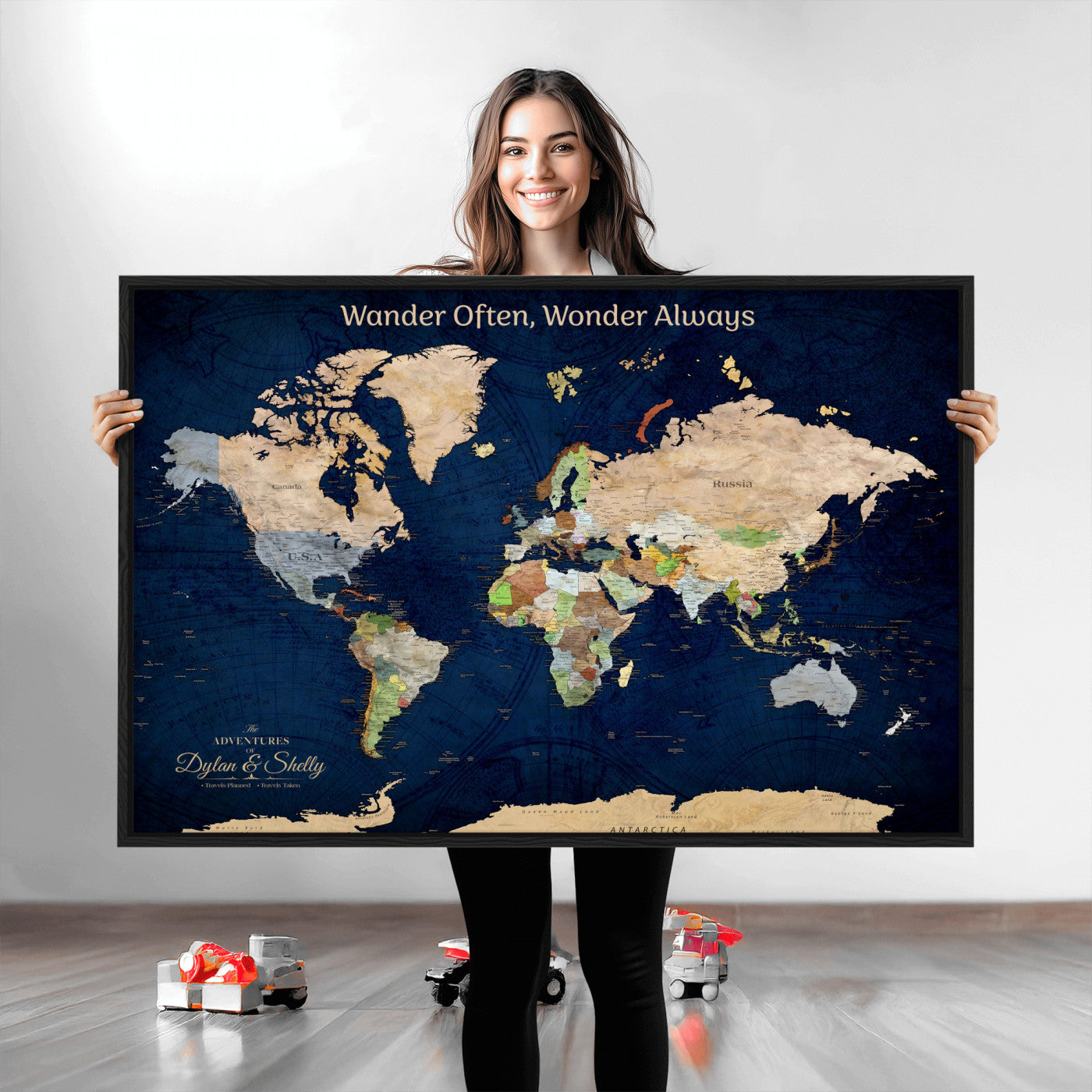 12399561-MGV-CV-30X20-Personalized World Map Print, Customizable Push Pin Framed World Map Print on Canvas - Custom Quote on Map Print
