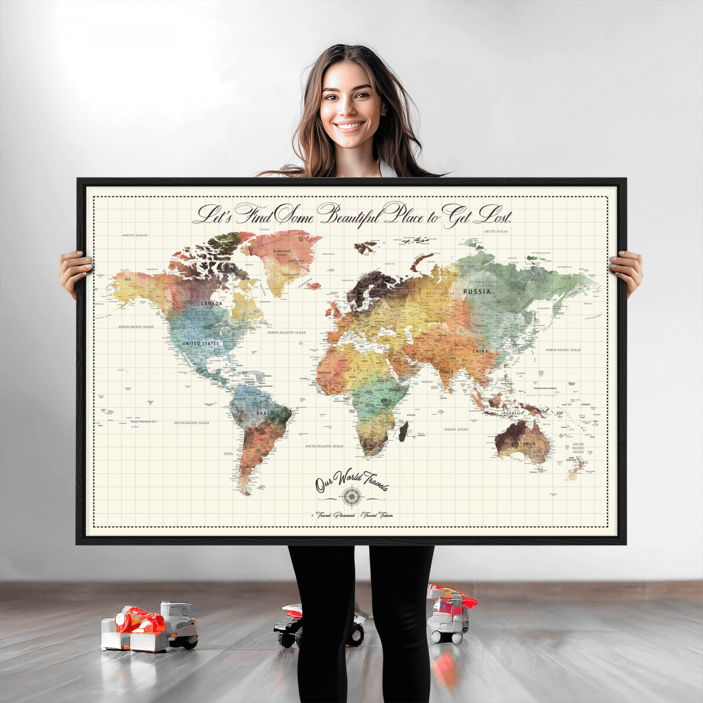 29289638-MGV-CV-36X24-Personalized World Map Print - Customizable Push Pin Framed World Map Print on Canvas - Custom Quote on Map Print