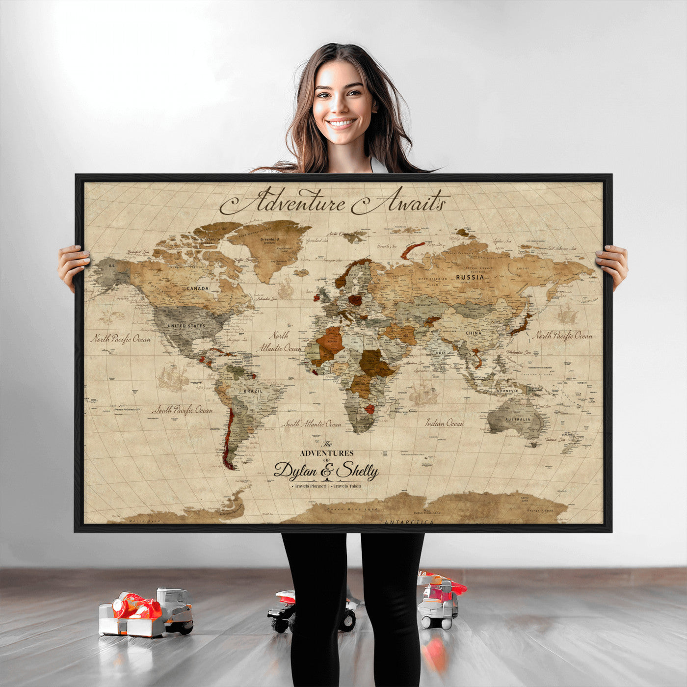 29054239-MGV-CV-36X24-Personalized World Map Print - Customizable Push Pin Framed World Map Print on Canvas - Custom Quote on Map Print
