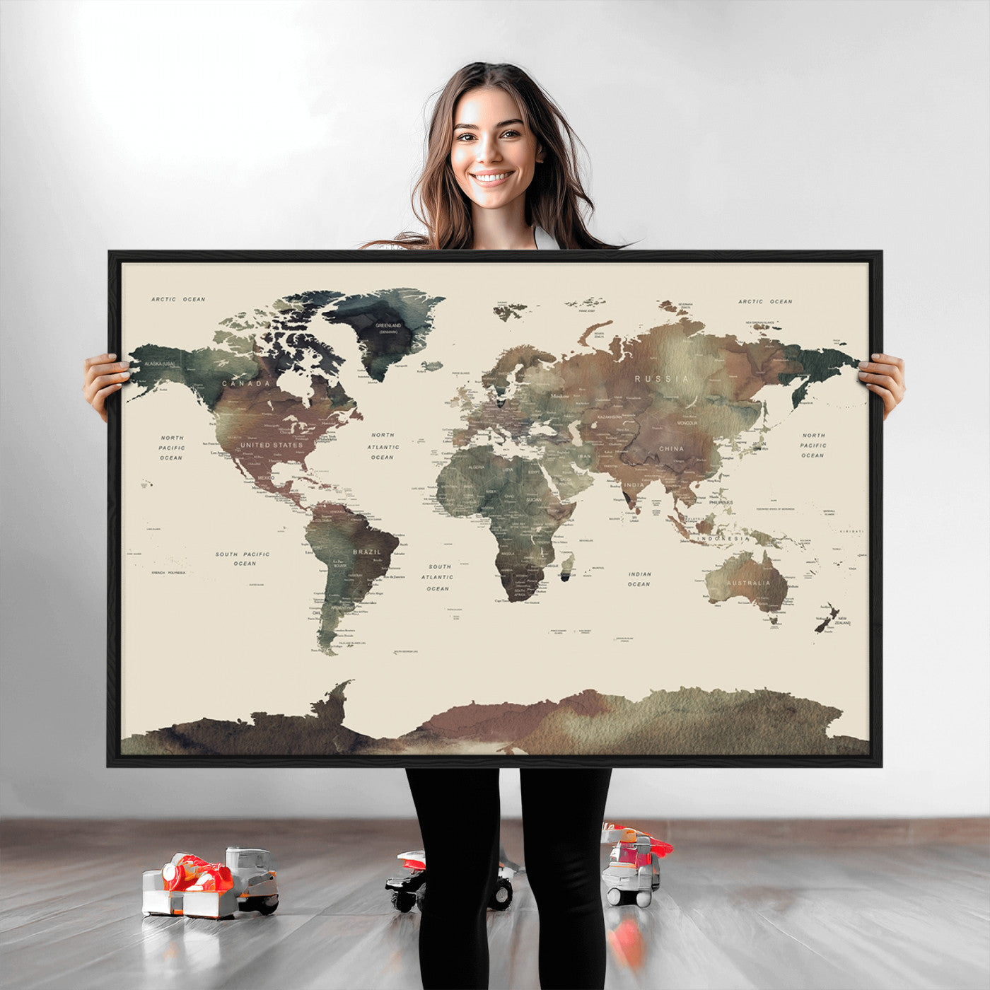Push Pin World Map Canvas Print – Framed Wall Art for Couples to Track Their Travels – Anniversary Gift or Home Adventure Decor