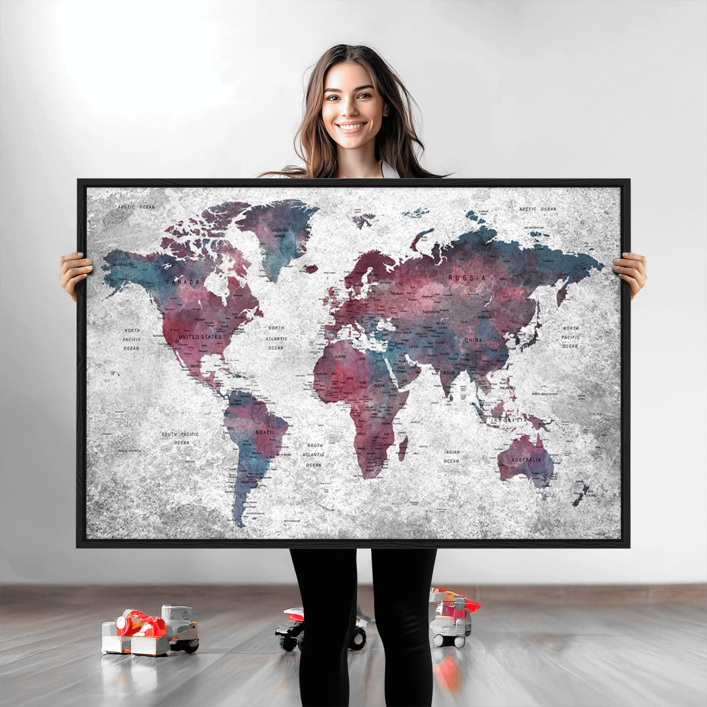 Push Pin World Map Canvas Print – Framed Wall Art for Couples to Track Their Travels – Anniversary Gift or Home Adventure Decor