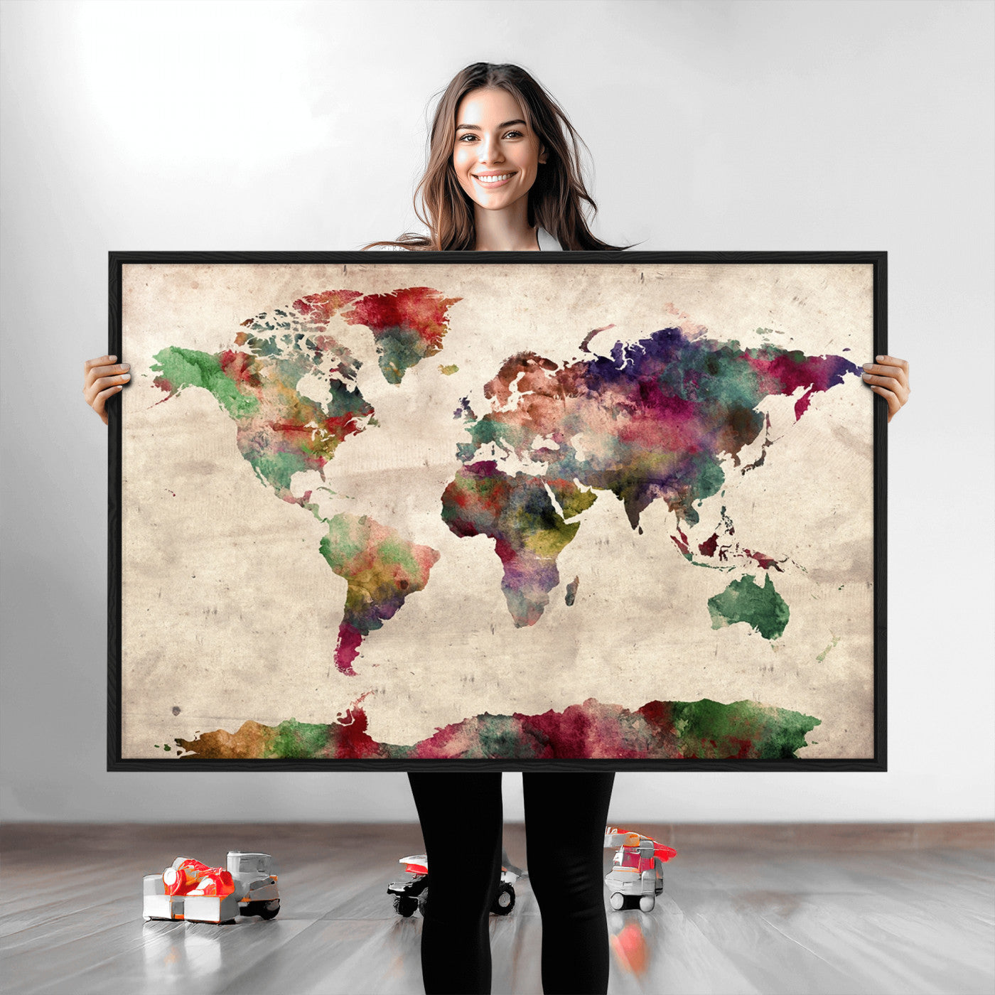 Push Pin World Map Canvas Print – Framed Wall Art for Couples to Track Their Travels – Anniversary Gift or Home Adventure Decor