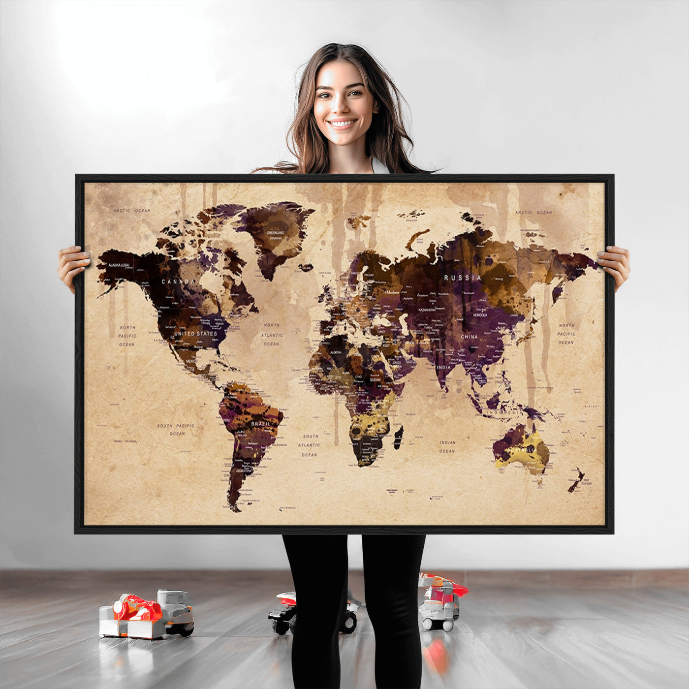 Push Pin World Map Canvas Print – Framed Wall Art for Couples to Track Their Travels – Anniversary Gift or Home Adventure Decor