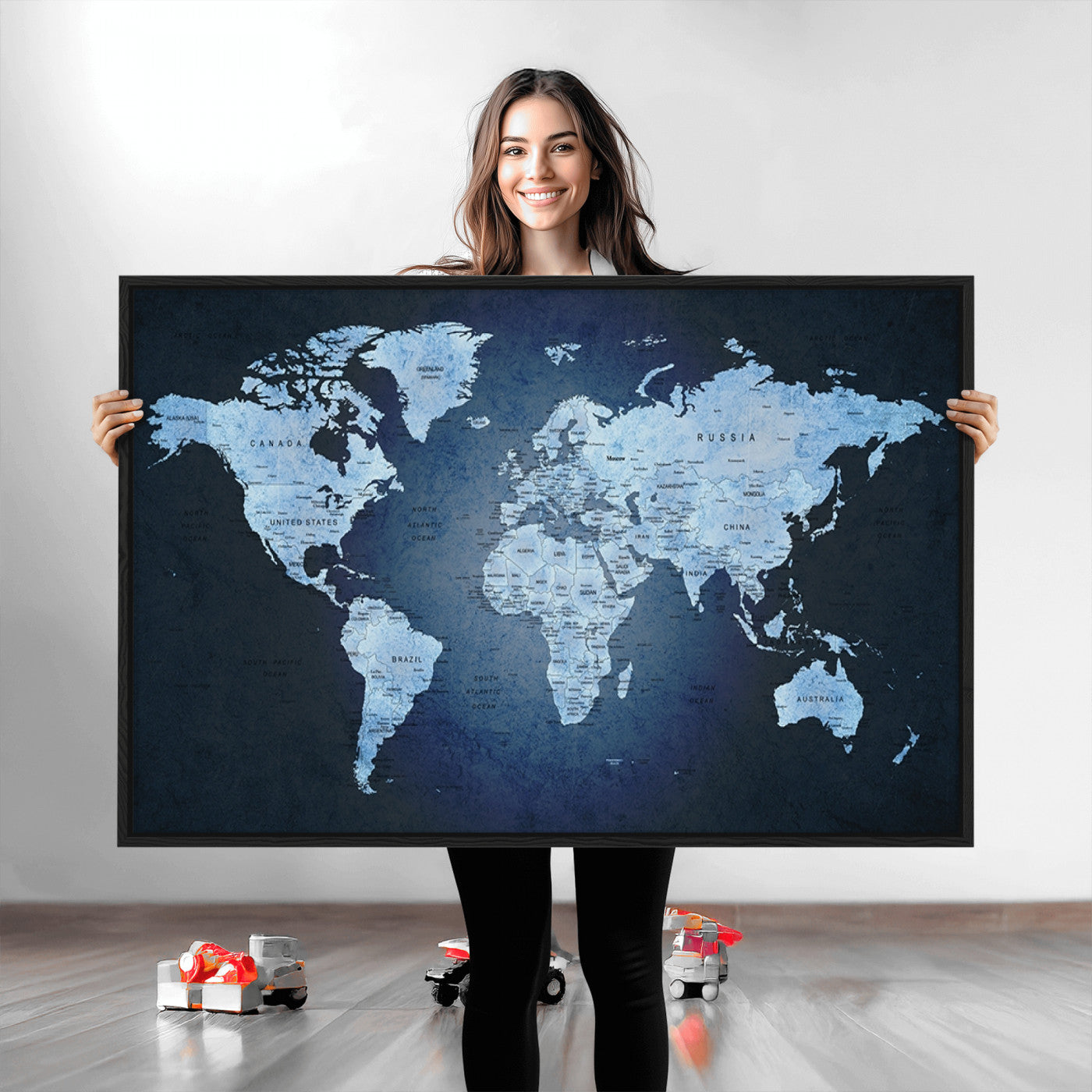 Push Pin World Map Canvas Print – Framed Wall Art for Couples to Track Their Travels – Anniversary Gift or Home Adventure Decor