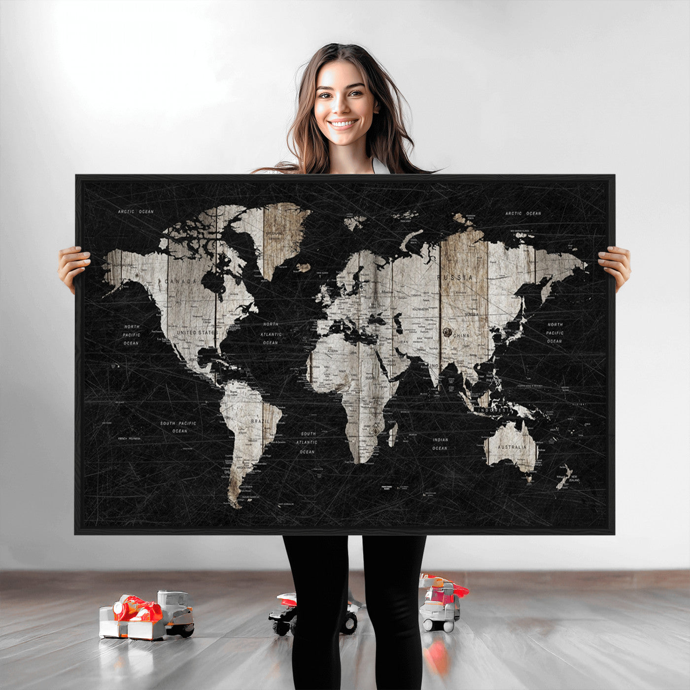 89998-MGV-CV-36X24-Push Pin World Map Canvas Print – Framed Wall Art for Couples to Track Their Travels – Anniversary Gift or Home Adventure Decor