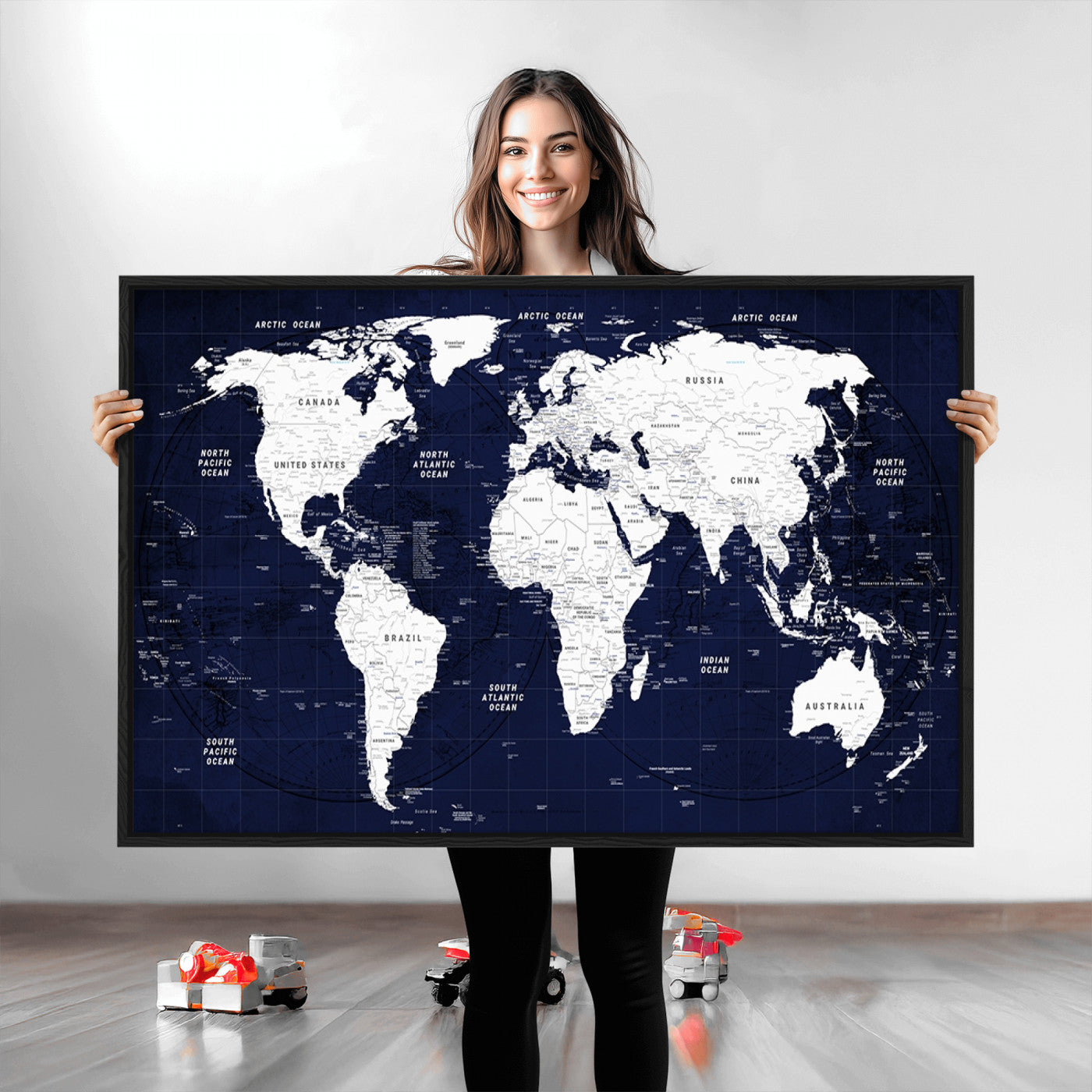 Push Pin World Map Canvas Print – Framed Wall Art for Couples to Track Their Travels – Anniversary Gift or Home Adventure Decor
