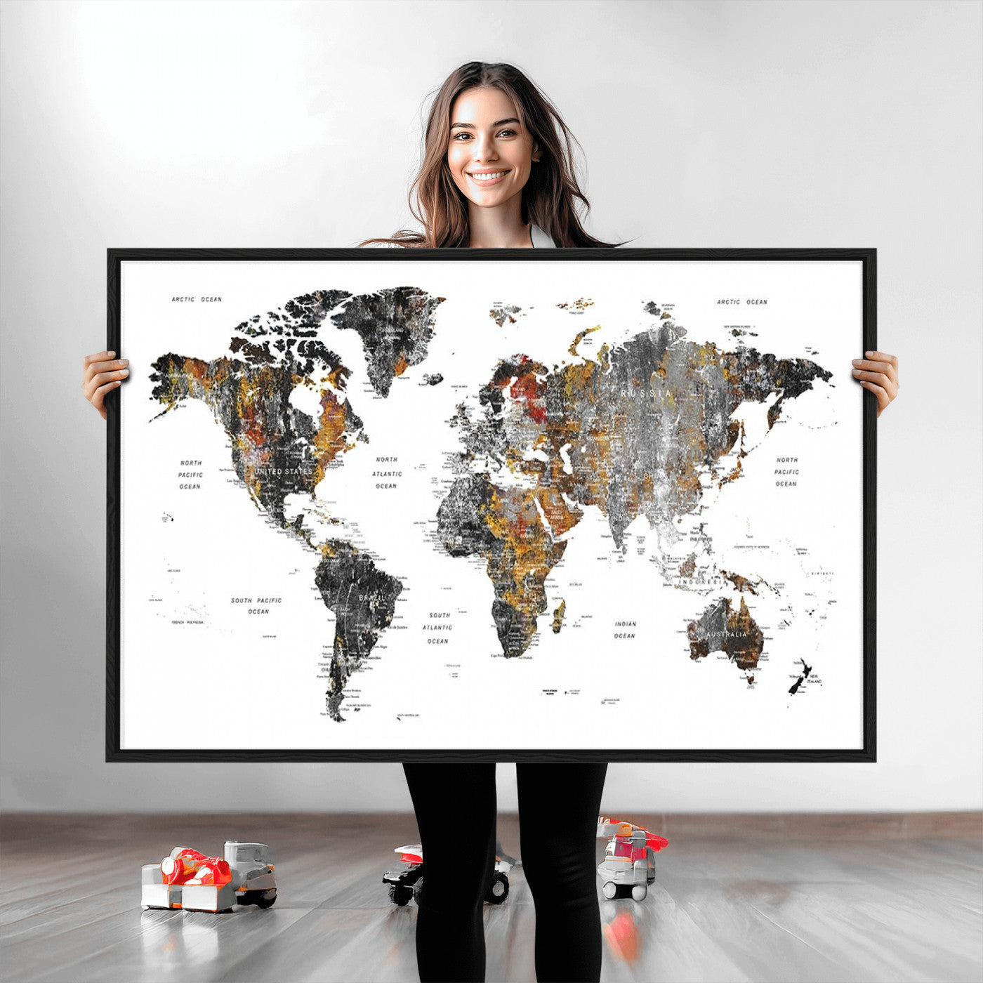 Push Pin World Map Canvas Print – Framed Wall Art for Couples to Track Their Travels – Anniversary Gift or Home Adventure Decor