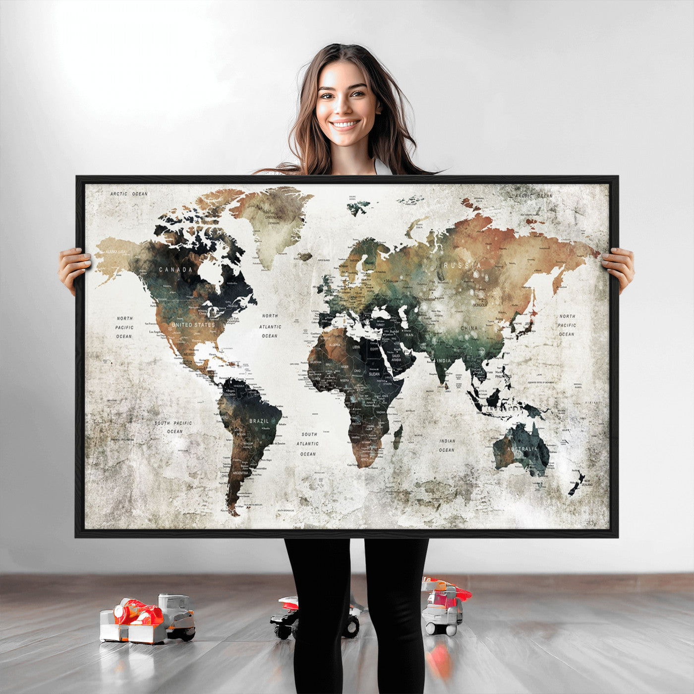 Push Pin World Map Canvas Print – Framed Wall Art for Couples to Track Their Travels – Anniversary Gift or Home Adventure Decor
