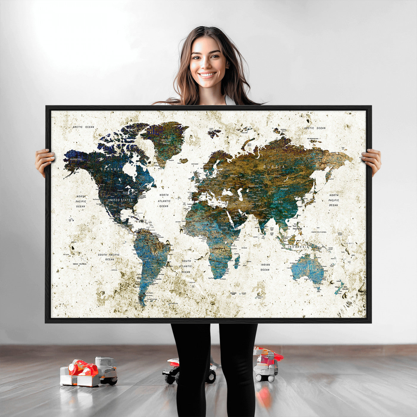 Push Pin World Map Canvas Print – Framed Wall Art for Couples to Track Their Travels – Anniversary Gift or Home Adventure Decor