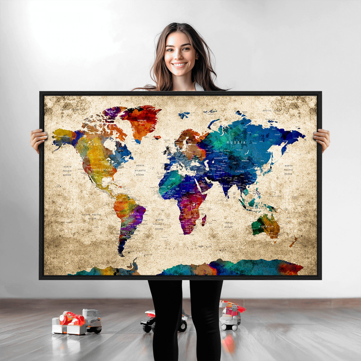 Push Pin World Map Canvas Print – Framed Wall Art for Couples to Track Their Travels – Anniversary Gift or Home Adventure Decor