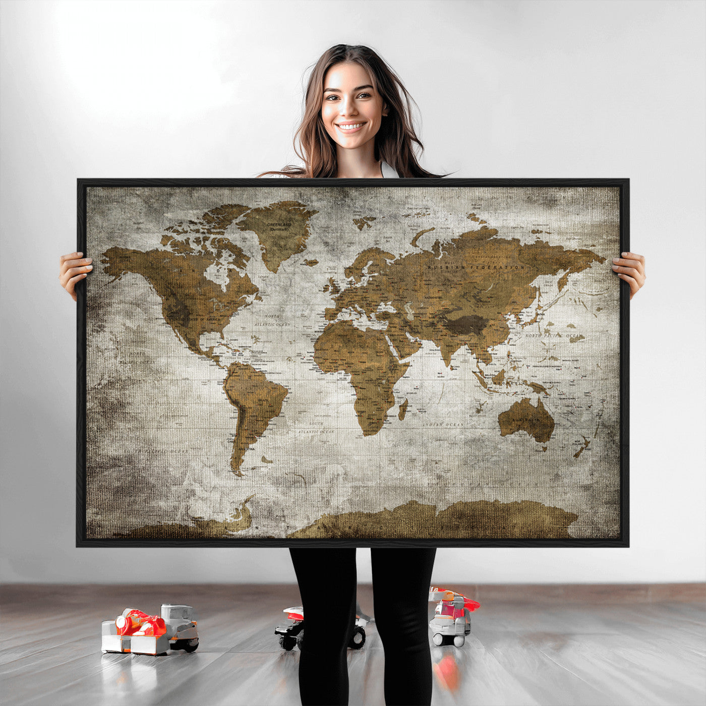 Push Pin World Map Canvas Print – Framed Wall Art for Couples to Track Their Travels – Anniversary Gift or Home Adventure Decor