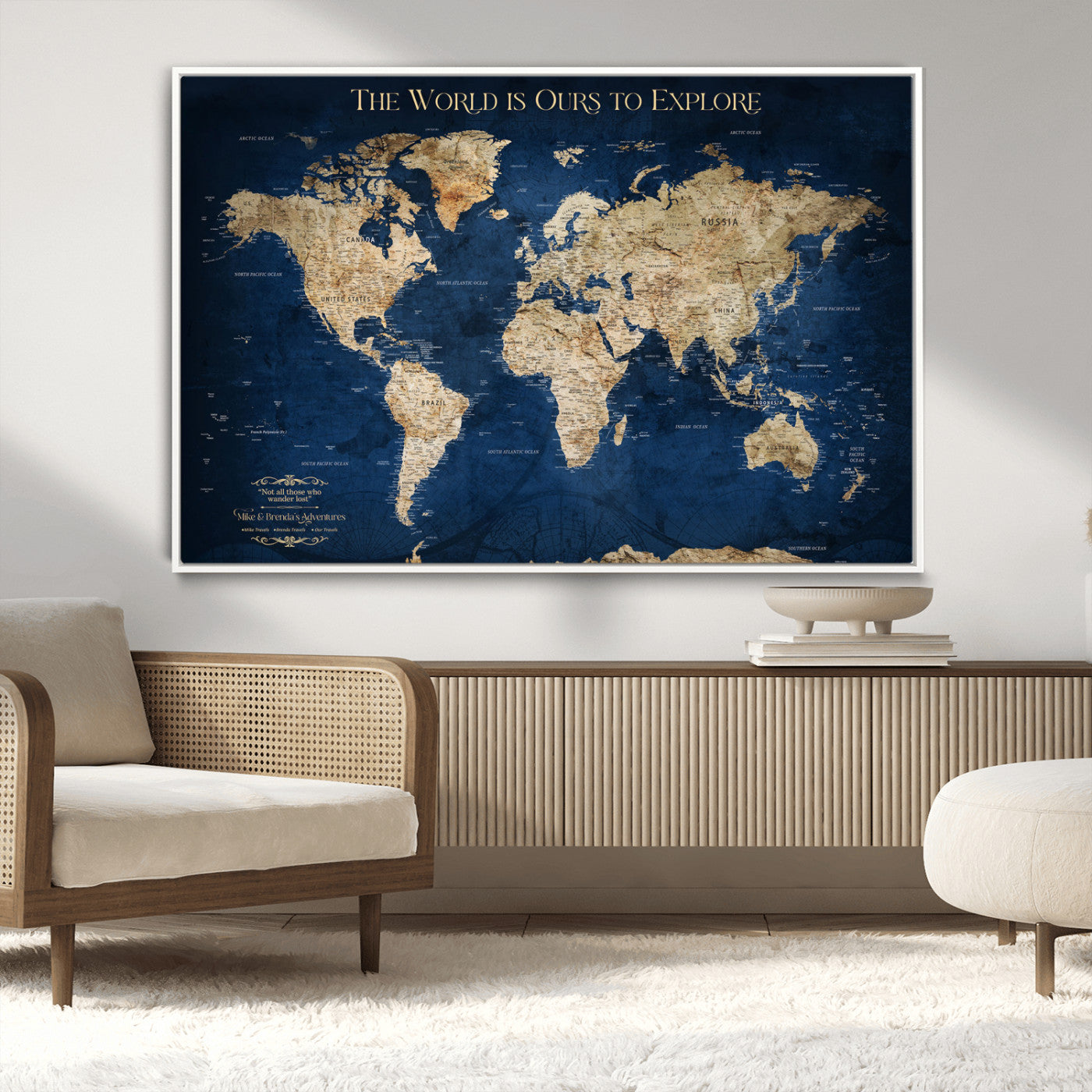 Custom World Map Wall Art – Personalized Framed Canvas Print with Push Pins for Travel Tracking, Anniversary or Couple Gift Ideas - H2-2