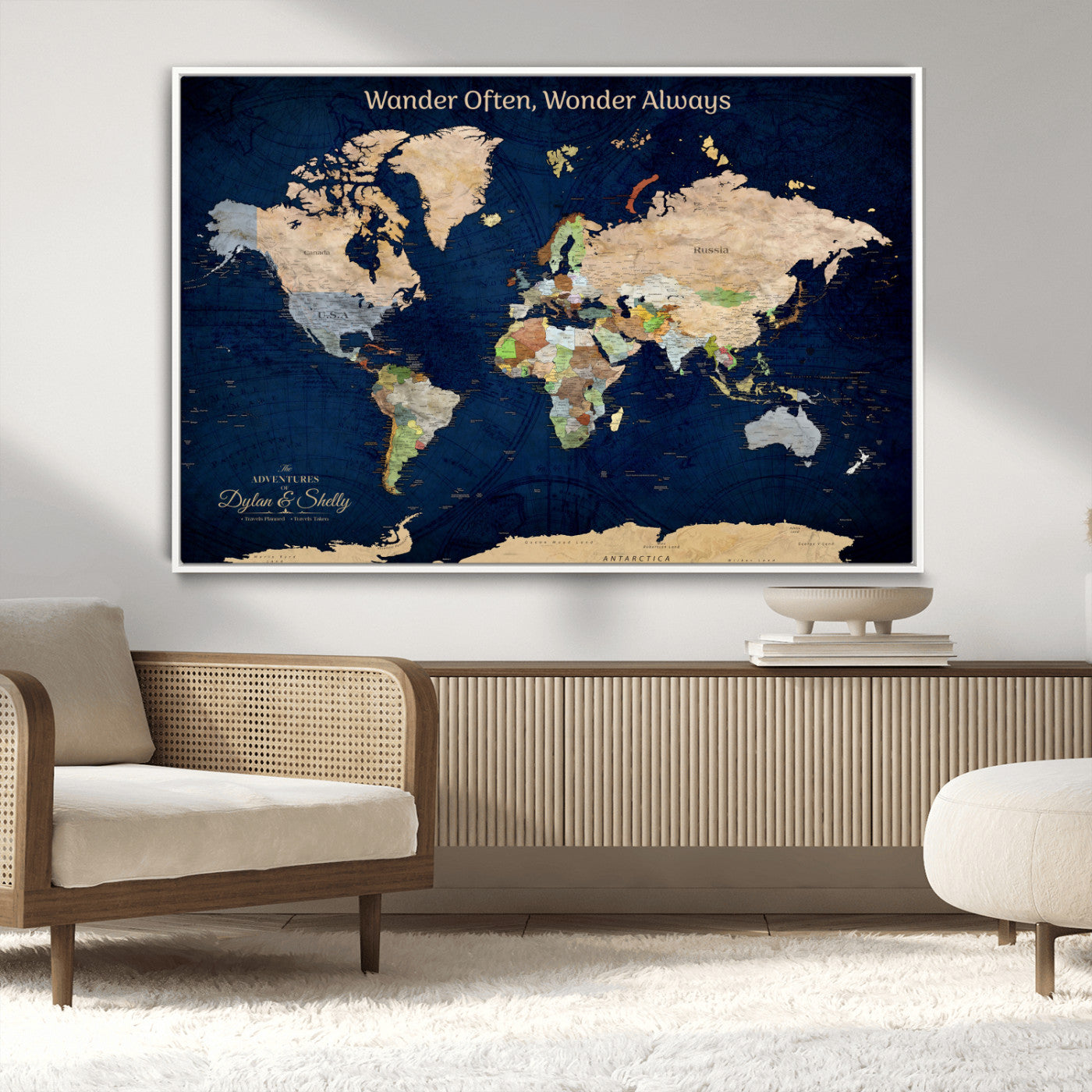 12399561-MGV-CV-30X20-Personalized World Map Print, Customizable Push Pin Framed World Map Print on Canvas - Custom Quote on Map Print