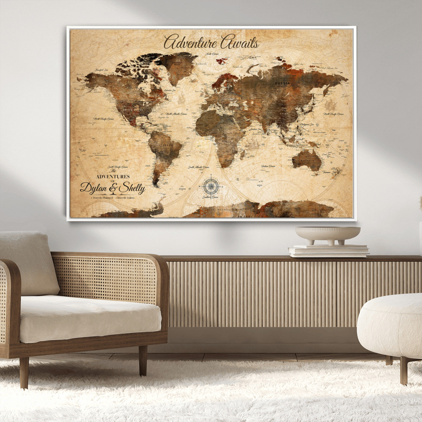66357947-MGV-CV-36X24-Personalized World Map Print, Customizable Push Pin Framed World Map Print on Canvas - Custom Quote on Map Print